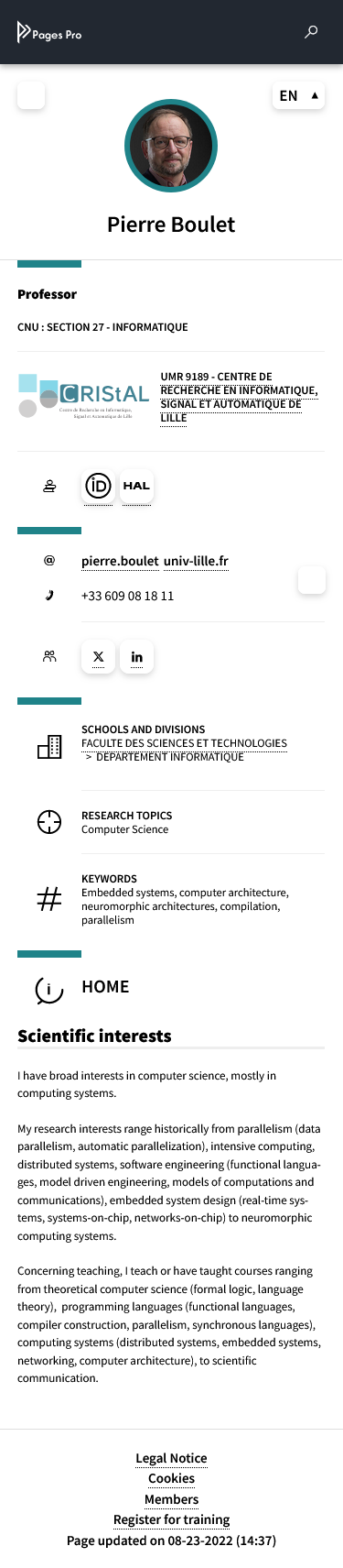 Page profil — contact et responsabilités